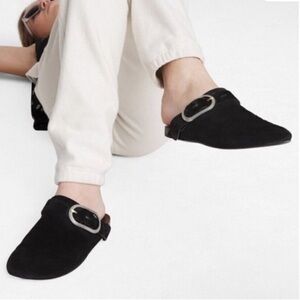 Rag & Bone New York Ansley Slide Mules in Black Suede with Silver Buckle Size 37